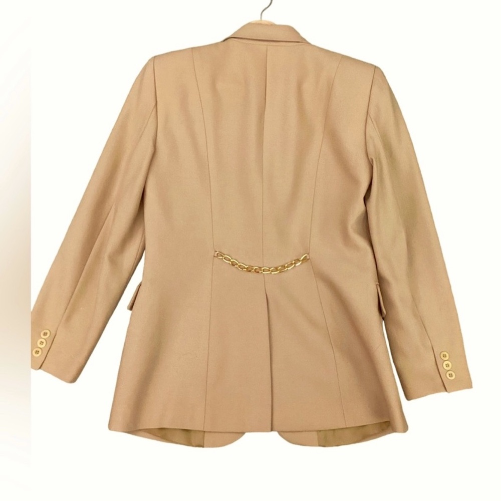 Oscar de la Renta Wool Gold Chain Detail Two Piece Pant Suit in Warm Tan Sz 4 - Picture 8 of 15